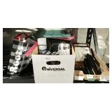 Small empty tote, Cuisinart knives, broiler pan,