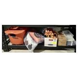 Bottom shelf w/Halloween, large orange tote,