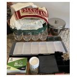 Flat & basket of barware w/towels & napkins