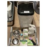 Flat of cat supplies, feeding dishes, etc.