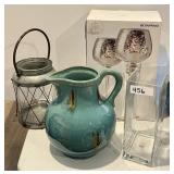 Candle lantern, pottery pitcher, square vase,