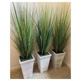 Three 17" wooden pots with faux grasses