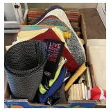 Large flat with table linens, coasters, coozies