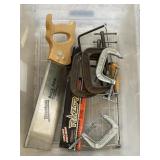 4 Brink & Cotton C-clamps & 4 hand saws in tote