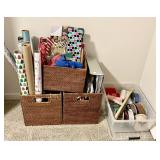 Gift wrap supplies & 2 wicker baskets