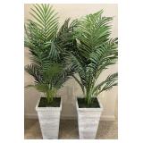 Two 17" wooden pots with faux palms