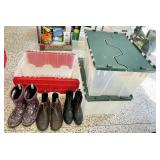 3 flip lid totes with 3 pair boots