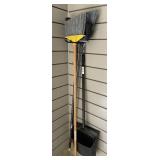 3 brooms and dust pan with handle