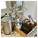 Wooden box with travel items, blow dryer,