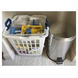 Laundry basket w/contents, step-on trash can