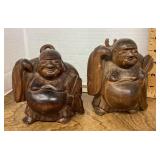 2 carved wooden happy Buddhas