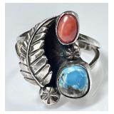 Sterling silver turquoise & coral ring