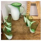 Art glass pitcher and 6 glasses