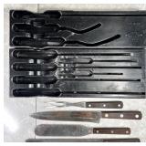 4 old Cutco knives, spreader, fork + storage