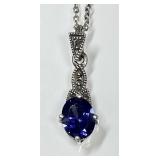 Sterling silver marcasite necklace w/blue stone