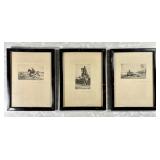 3 antique pencil signed fox hunt etchings