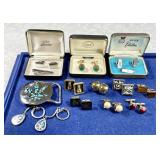Cufflinks, tie bars, belt buckle, keychains