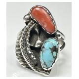 Silver turquoise & coral ring signed DM