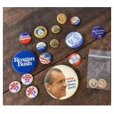 Group of pinback buttons, etc.