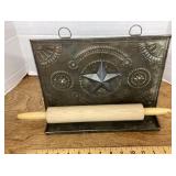 Pierced tin wall-mount rolling pin holder
