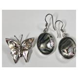 Sterling MOP earrings & butterfly brooch