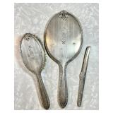 Sterling silver hand mirror, brush, & comb handle