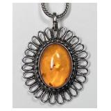 Sterling silver amber pendant on long 30" chain