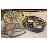 Rattan stool, baskets, assorted apples