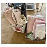 Box of bath towels, bath rugs, wicker basket