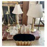 3 brass lamps, 2 etched hurricane shades,