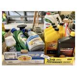 2 flats w/motor oil, car wax, kitchen scale, etc.