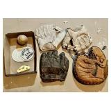 4 vintage baseball gloves, etc.
