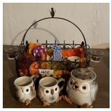 Wire basket with 1978 Fitz & Floyd owl set