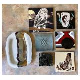 Group of art tiles and trivets, studio pottery