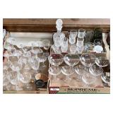 3 flats of glass stemware, decanter & glasses
