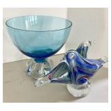 Blue art glass bowl and birds