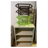 Wooden bookcase, 4 plastic stacking organizers