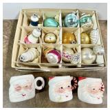 Vintage Christmas ornaments & 3 Santa mugs