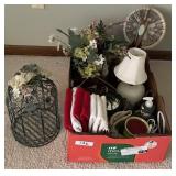 Box of home dï¿½cor with hand towels, lamp,