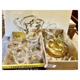 Pitcher and glasses, art glass ashtray, stemware