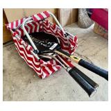 Collapsible shopping basket, tennis racquets