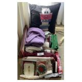 Box of table linens, coasters, paper napkins
