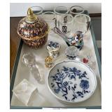 6 glass owl napkin rings, crystal figures,
