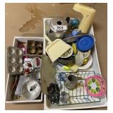 2 boxes of toy dishes and cookie cutters