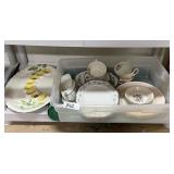 Tote with assorted dishes, egg plate