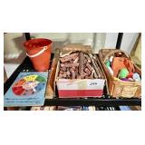 Toys on shelf with Lincoln Logs, wood puzzle,
