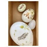 3 antique milk glass eggs + painted ceramic