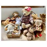 Group of teddy bears & plush, 2 twig chairs