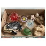 Flat with pottery frog, art glass paperweights,