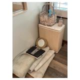 Hamper, bath rugs, scale, Bristol glass bottles